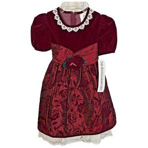 New Bonnie Jean Girls Velvet Dress Burgundy Taffeta Size 5 Lace Bow Holiday VTG